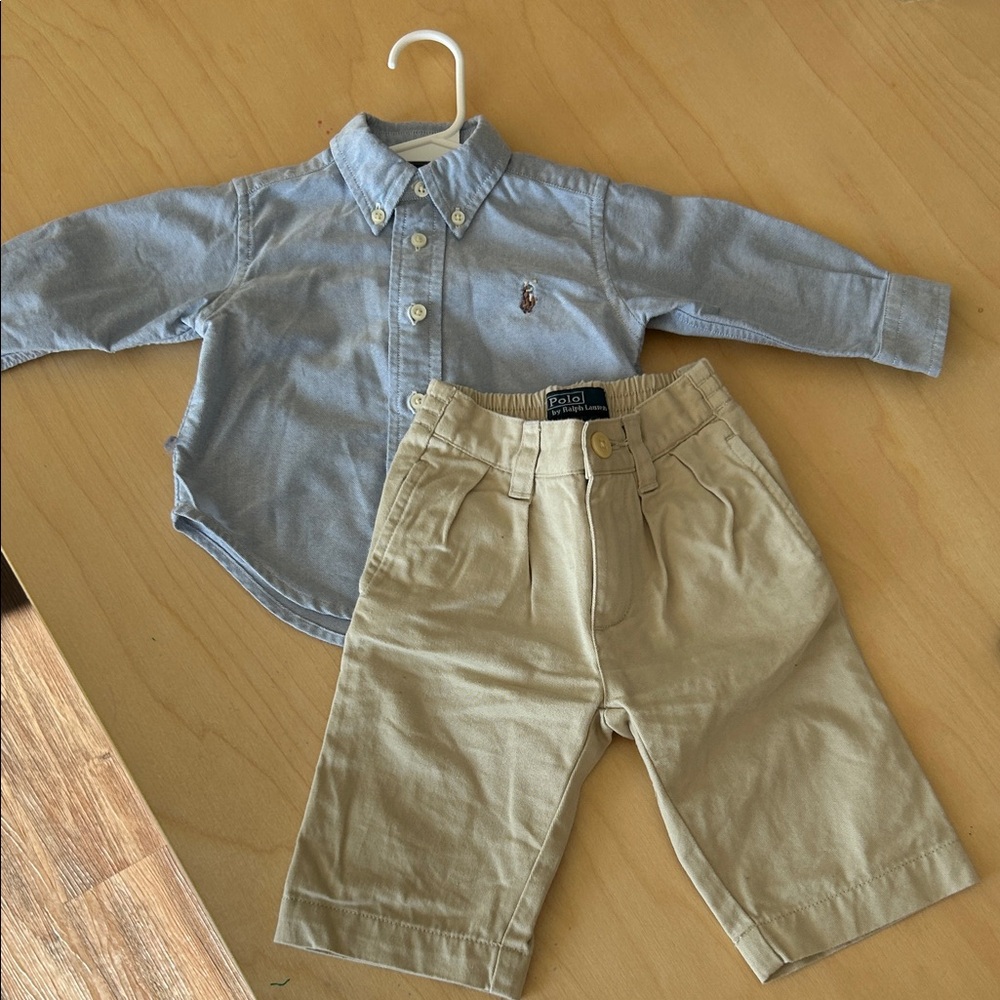 Ralph Lauren baby boy set - Light Blue Shirt and Tan Pants - size 9months